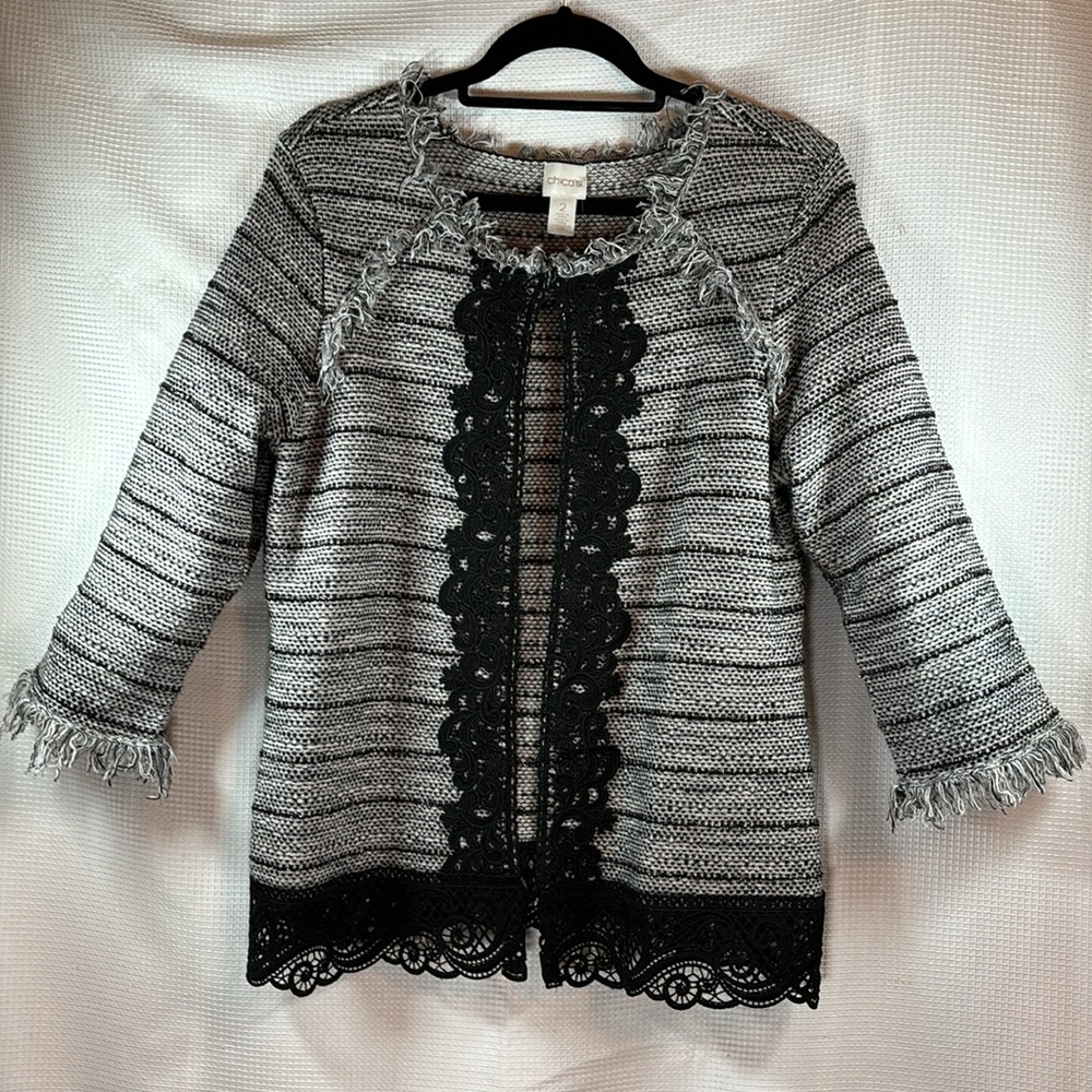 Chicos Black and White Jacket with Black Lace Trim and Feathered Accents, Size 2
